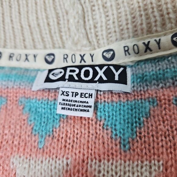 Roxy Women's Cardigan Sweater Oversize Aztec Pattern Tan,‎ Peach, Teal,  XS - Picture 9 of 12
